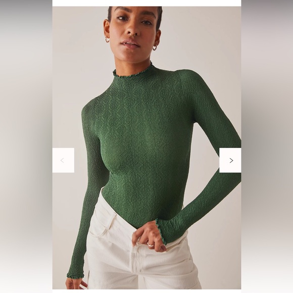Free People Tops - Free People Ruffled Mara Mock Neck Textured Top - Deep green